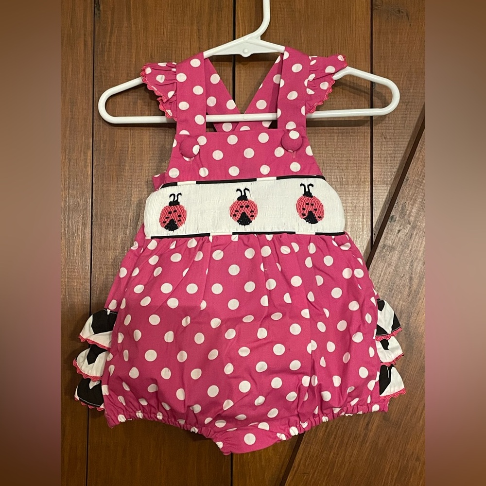Pink Polka Dot Ladybug Smocked Romper
